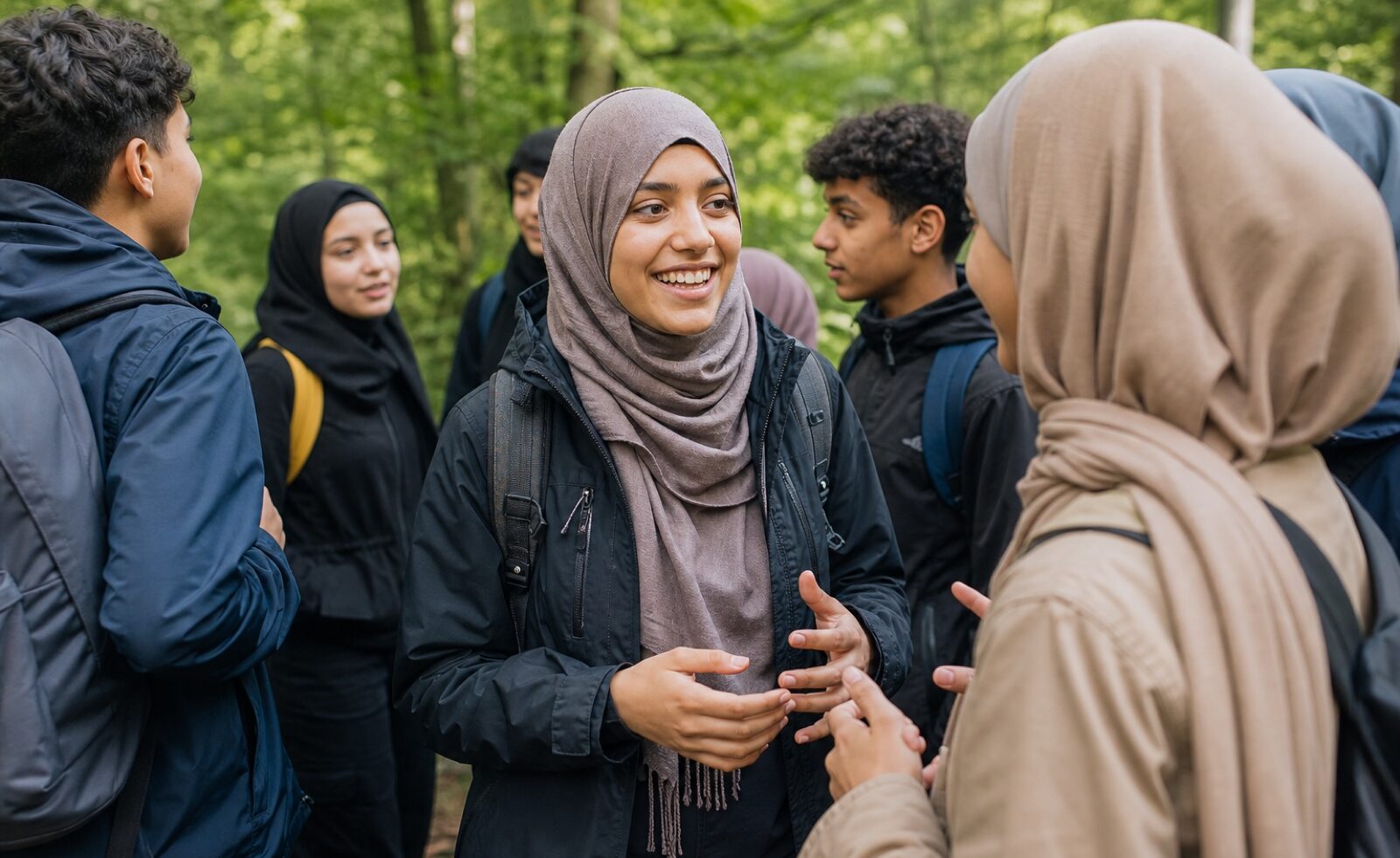 Moslimjongeren ontmoeten elkaar tijdens een buitenactiviteit in het groen